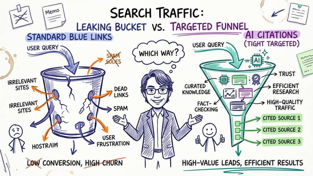 AEO vs. SEO Clicks: AEO citations vs organic search conversion rates diagram - ciptavisual
