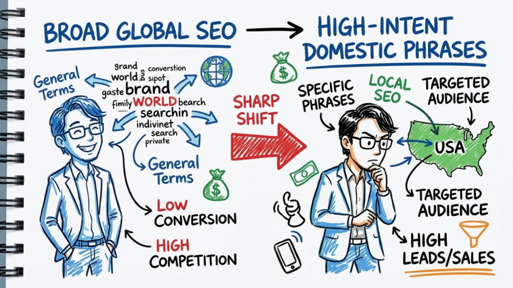 tariff marketing strategy - Diagram showing shift from broad global SEO keywords to high-intent domestic phrases