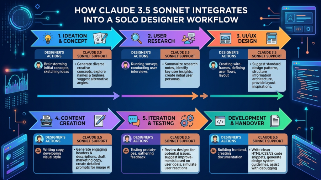 Claude Sonnet 5 solo designer workflows integration diagram.