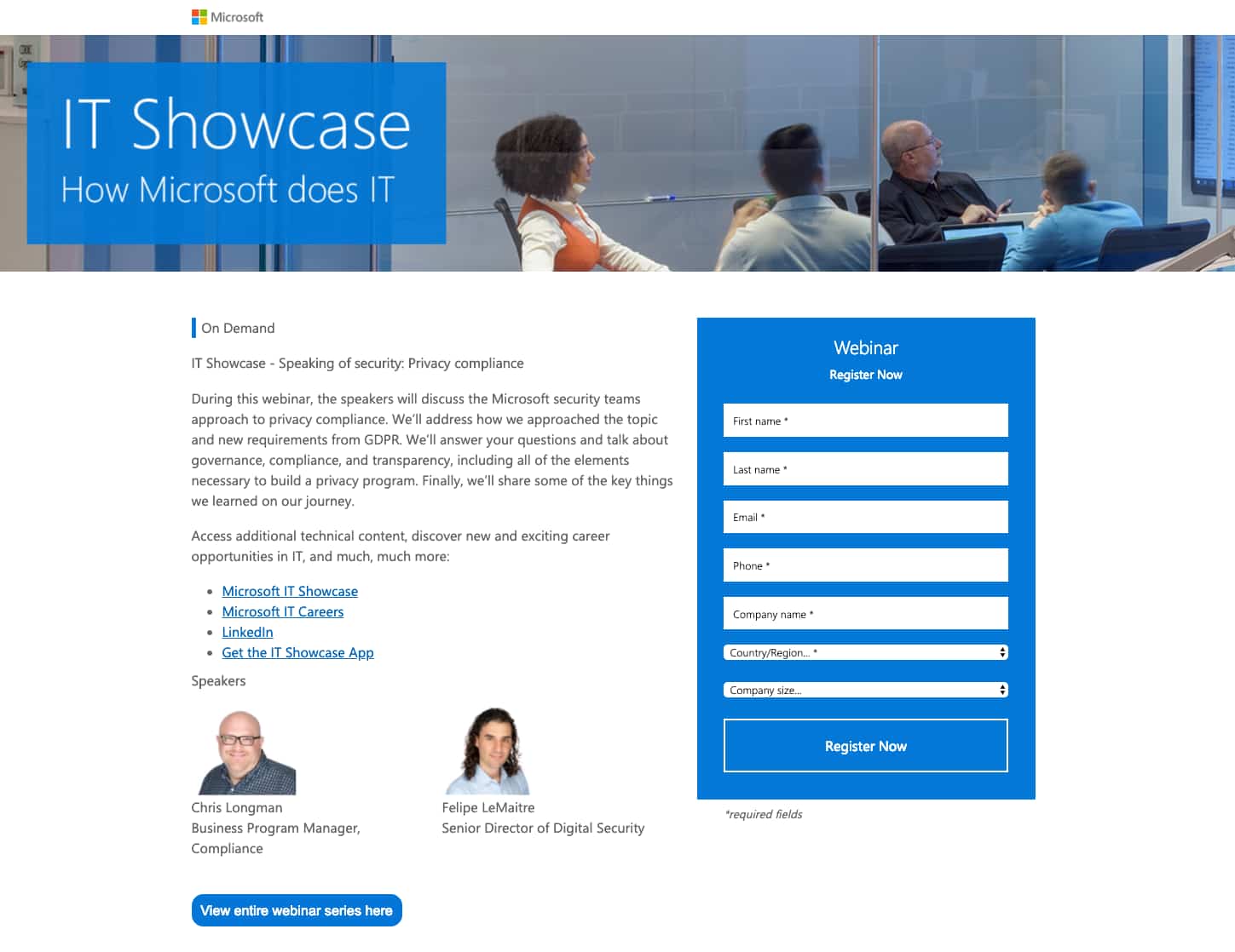 Microsoft IT Showcase Webinar Landing page