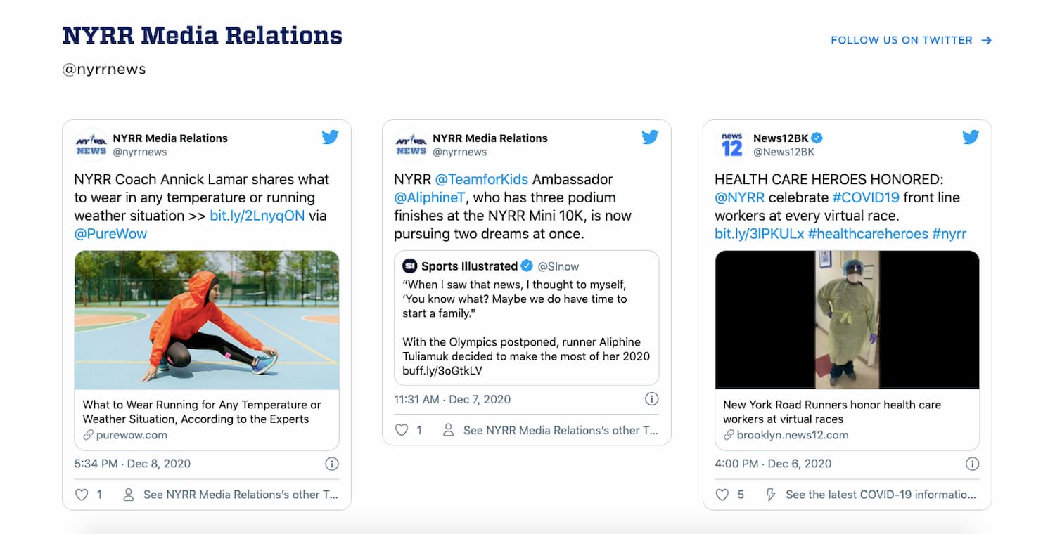 Situs web New York Road Runners menyematkan Tweet menggunakan API Twitter