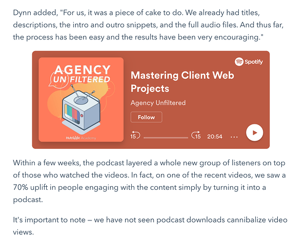 repurpose podcasts by embedding into blog posts example