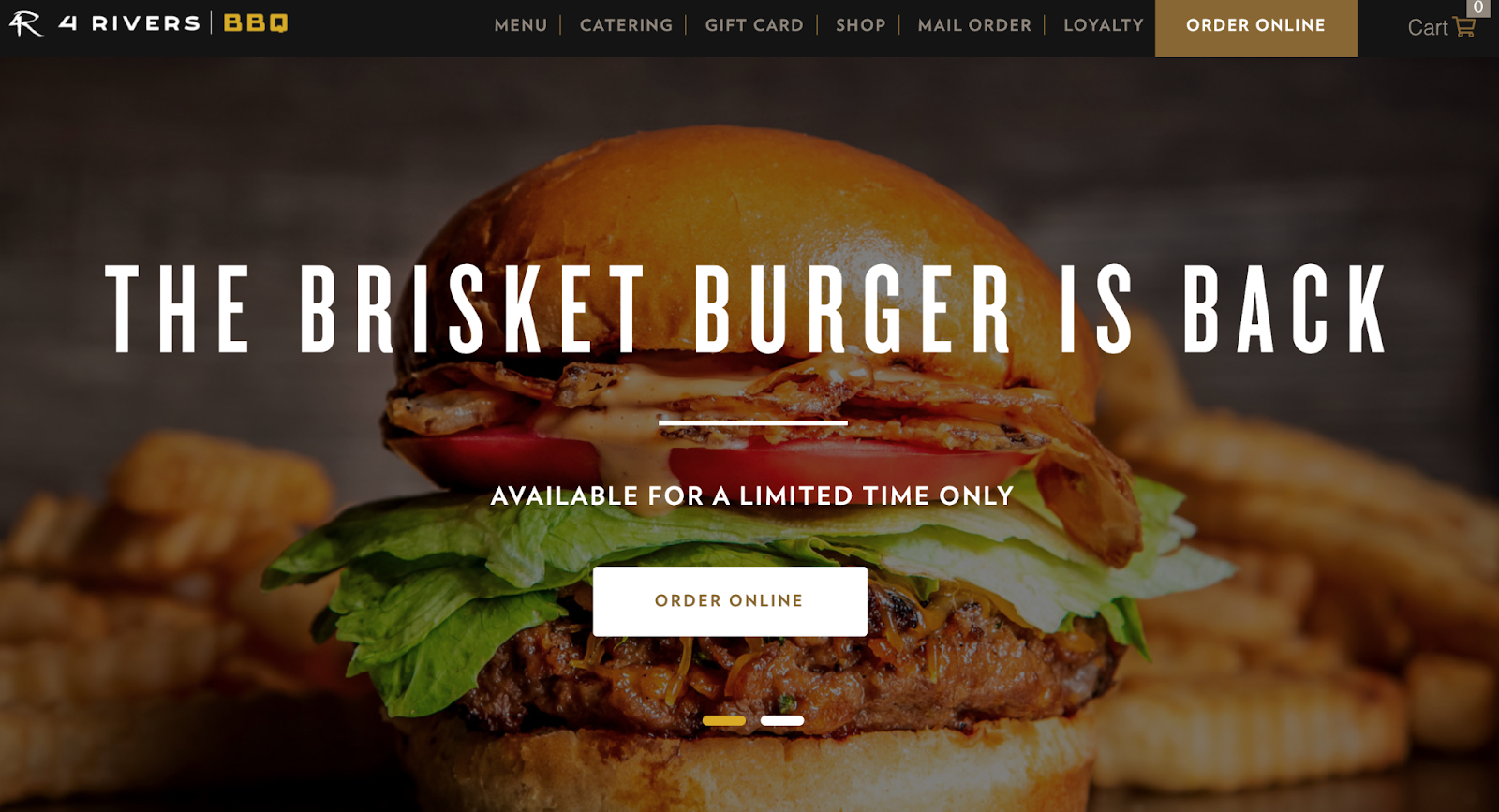 Halaman beranda situs web rumah asap 4 sungai menampilkan gambar dengan burger keju