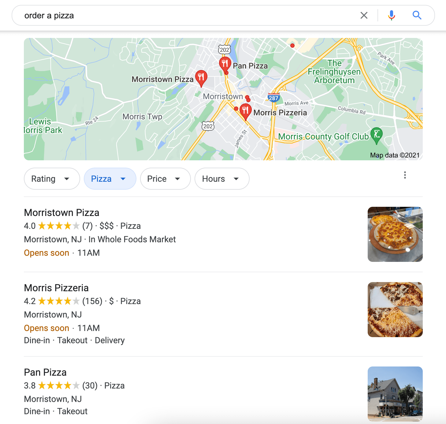 menampilkan tempat pizza lokal di kueri penelusuran untuk istilah penelusuran pesan pizza