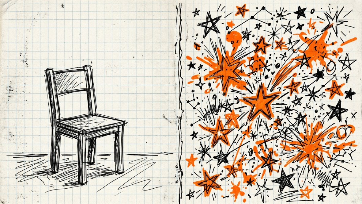 Hand-sketched illustration contrasting a minimalist empty chair with a maximalist burst of stars, representing the design tension between minimalism and maximalism.