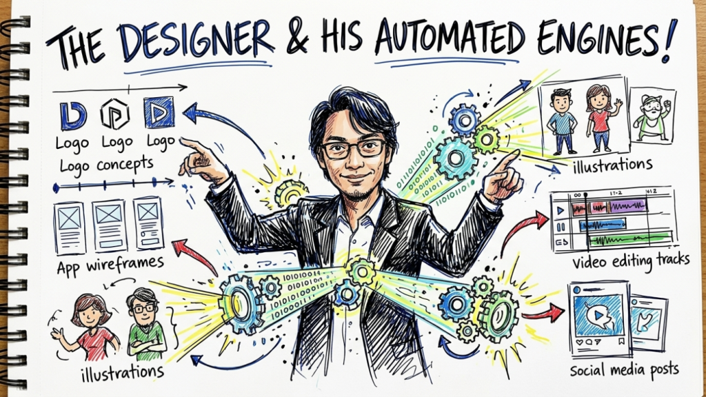 Hand-drawn doodle showing a solo designer controlling seven AI design tools from a central hub