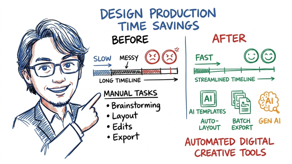 Comparison graphic illustrating traditional manual design workflow versus integrated AI workflow